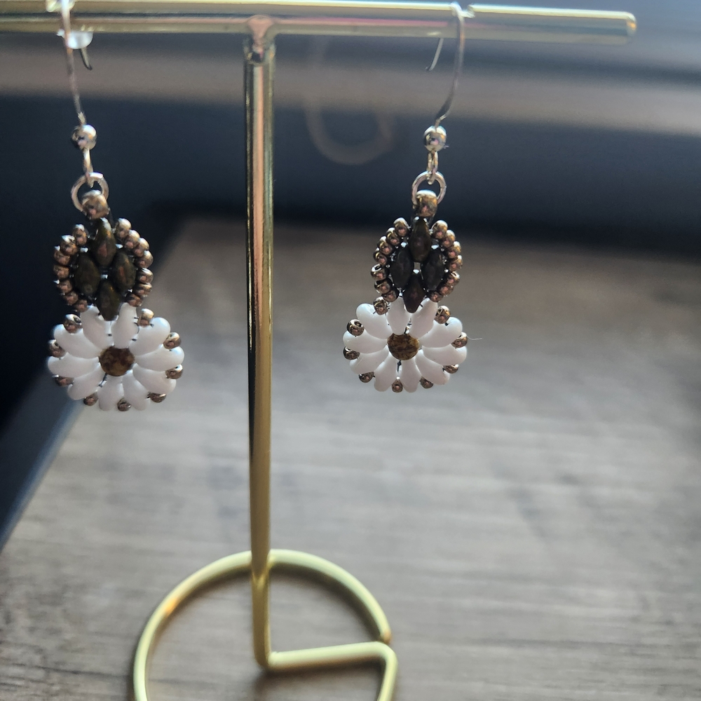 Elegant White and Brown Beaded Earrings